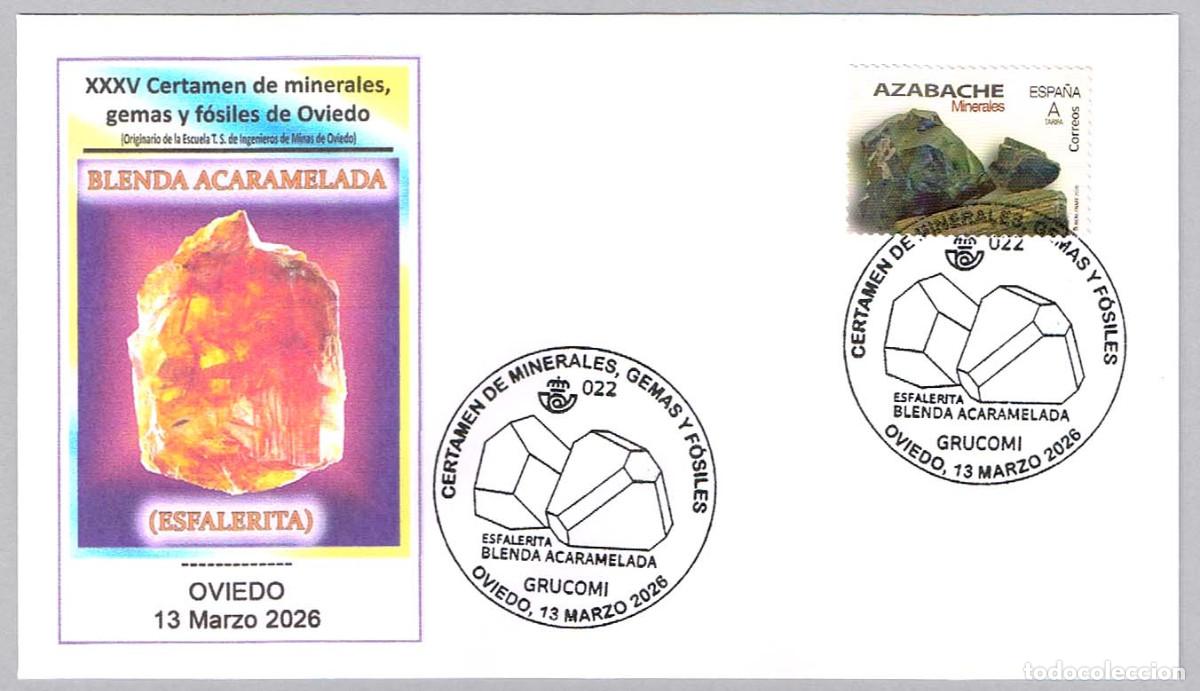 Sellos: Matasellos CERTAMEN DE MINERALES - BLENDA ACARAMELADA. Oviedo, Asturias, 2026