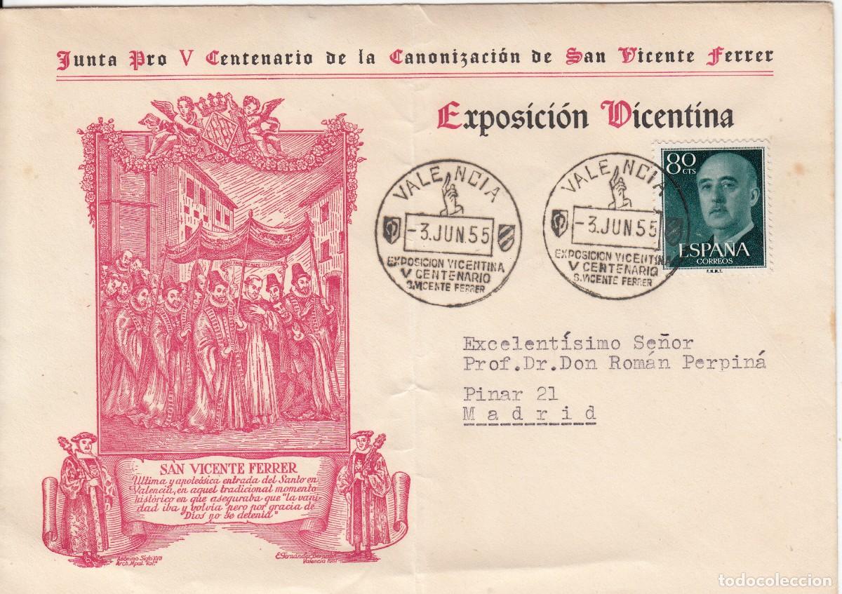 Sellos: MATASELLOS EXPOSICI&Oacute;N VICENTINA - CENTENARIO SAN VICENTE FERRER - VALENCIA - 1955 --SOBRE MUY RARO--