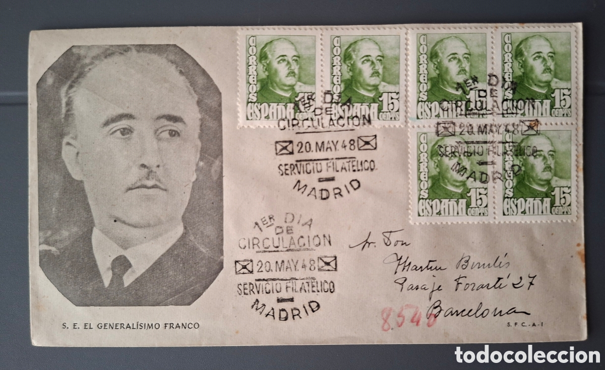 Sellos: Sobre filatelico Franco 1er dia de circulacion 1948