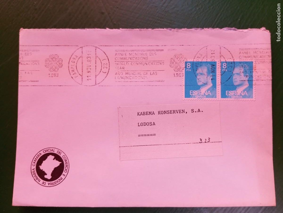 Sellos: ESPA&Ntilde;A, 1983 MATASELLOS RODILLO PAMPLONA, A&Ntilde;O MUNDIAL DE LAS COMUNICACIONES
