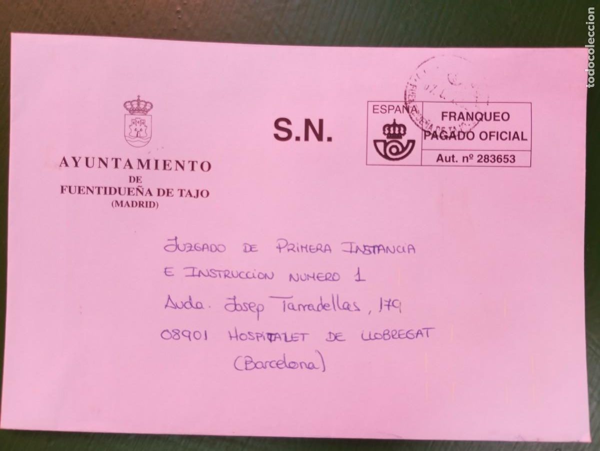 Sellos: ESPA&Ntilde;A, SOBRE CON FRANQUEO PAGADO OFICIAL DEL AYUNTAMIENTO DE FUENTIDUE&Ntilde;A DE TAJO