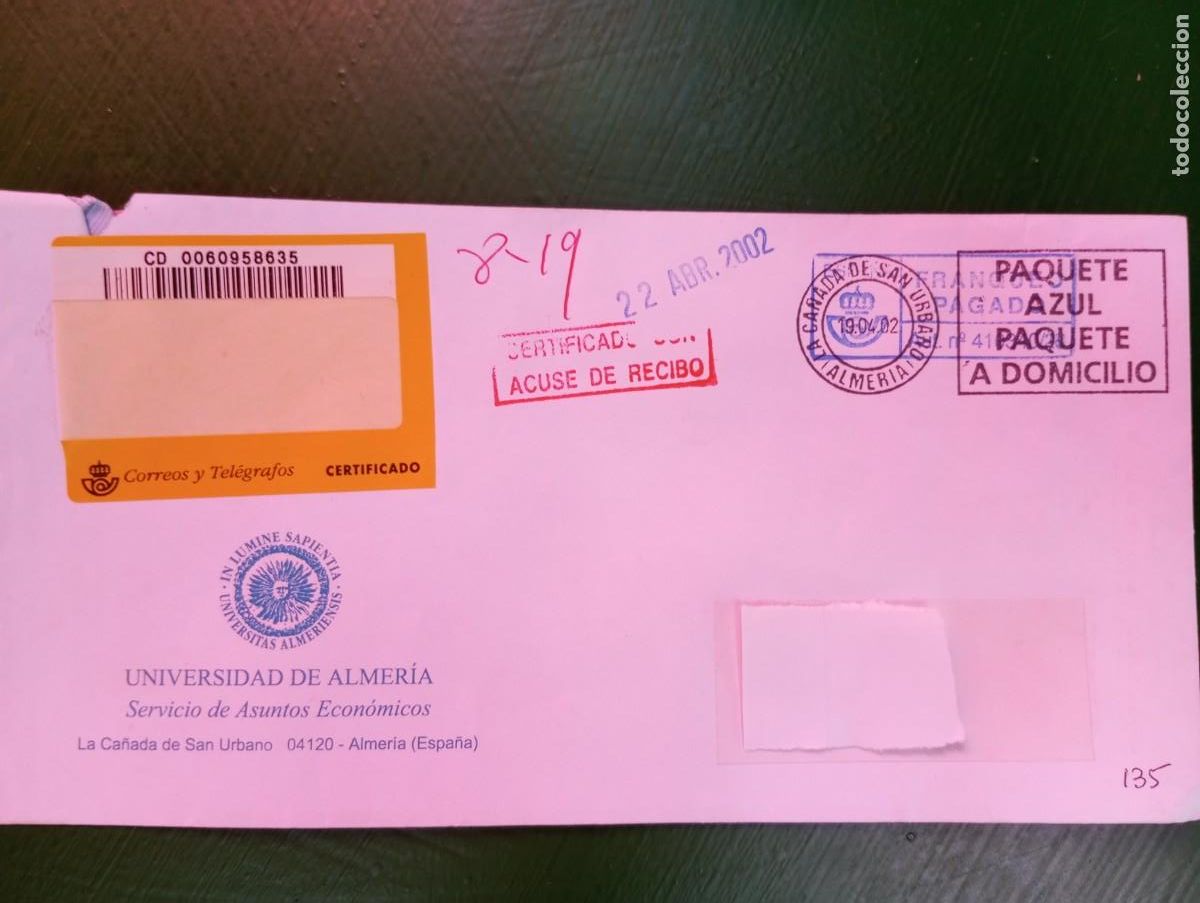 Sellos: ESPA&Ntilde;A 2002, SOBRE CON FRANQUEO PAGADO Y MATASELLOS RODILLO DE LA CA&Ntilde;ADA DE SAN URBANO. CERTIFICADO