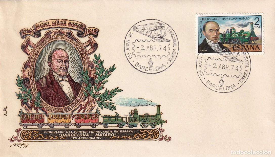 Sellos: Sobre Alfil 1974 - Miguel Biada Bunyol - Trenes / 125 Aniversario del ferrocarril Barcelona - Matar&oacute;