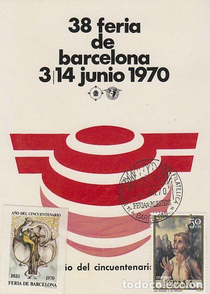 Sellos: A&Ntilde;O 1970, 50 ANIV&ordm;O DE LA FERIA MUESTRAS DE BARCELONA PRIMER DIA 27-5-1970 EN TARJETA Y CON VI&Ntilde;ETA