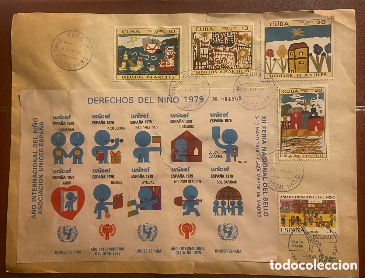 Sellos: SOBRE CONMEMORATIVO UNICEF 1979 CON SELLOS DE CUBA. HOJITA SIN DENTAR VI&Ntilde;ETAS UNICEF