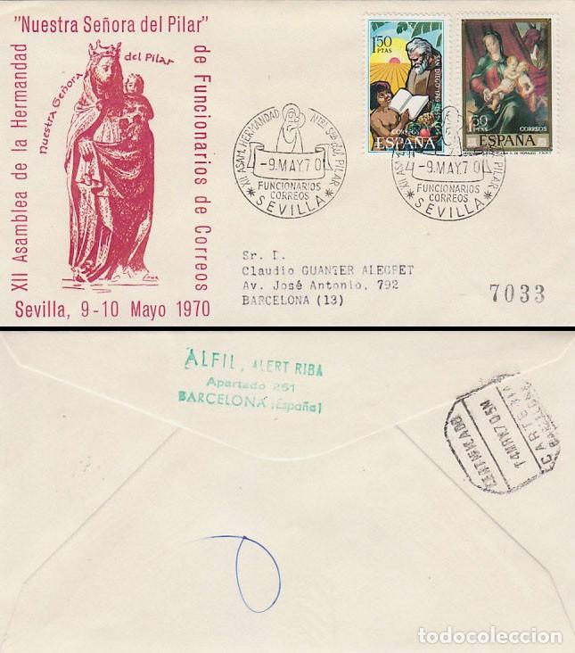 Sellos: A&Ntilde;O 1970, hermandad virgen del pilar de funcionarios de correos, matasello de Sevilla SOBRE ALFIL