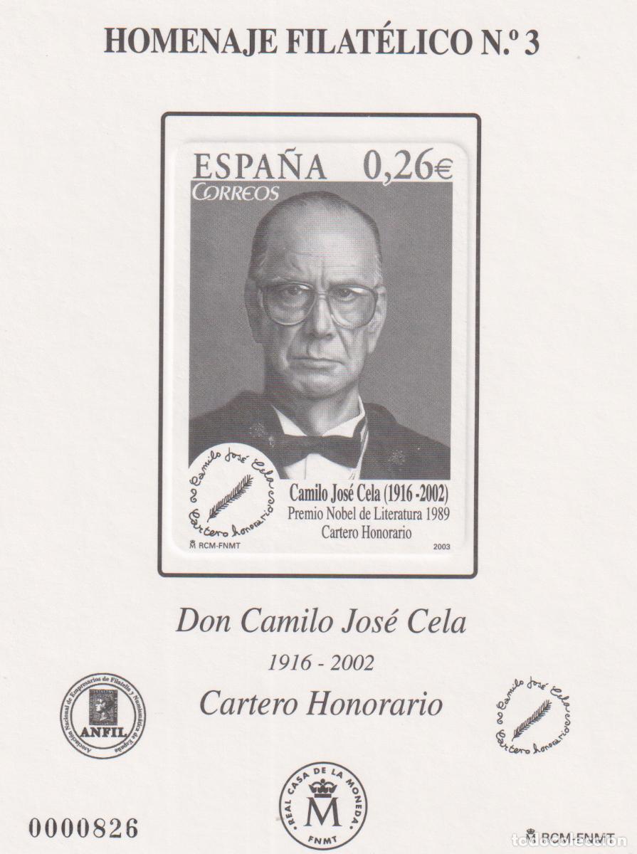 Sellos: ESPA&Ntilde;A EDIFIL 3 (*) HOMENAJE FILATELICO &rdquo; CAMILO JOS&Eacute; CELA , CARTERO HONORARIO &rdquo;