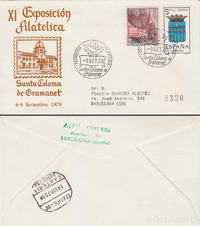 Sellos: A&Ntilde;O 1970, SANTA COLOMA DE GRAMANET, EXPOSICION FILATELICA, PALOMA, SOBRE DE ALFIL CIRCULADO