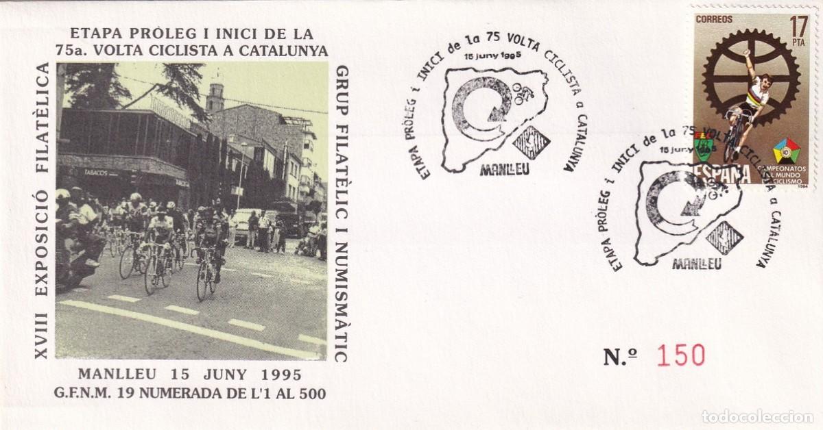 Sellos: Sobre Manlleu 1995 - 75 Volta Ciclista Catalunya - Edici&oacute;n limitada de 500 - Etapa Proleg i inici