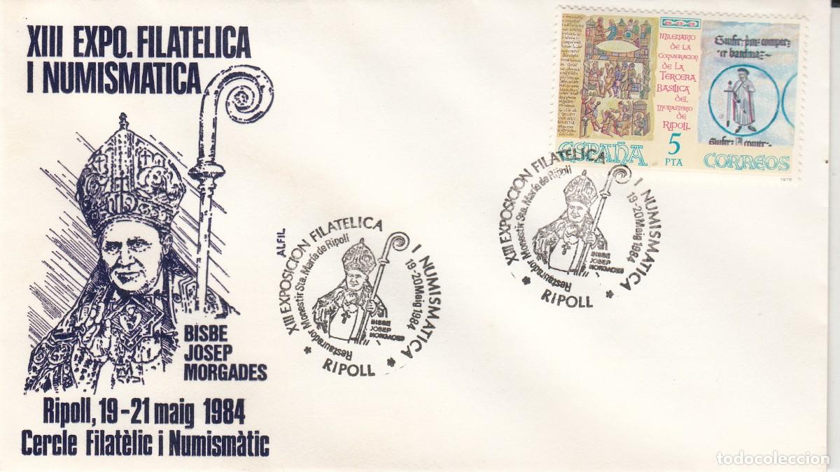 Sellos: MATASELLOS EXP. FILAT&Eacute;LICA - BISBE JOSEP MORGADES - RIPOLL - 1984