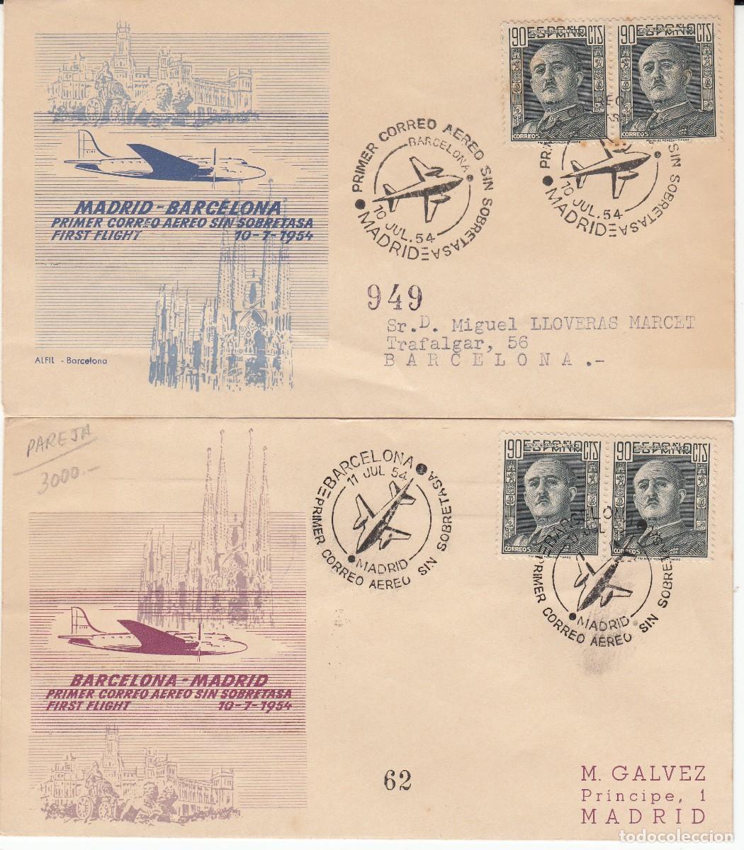 Sellos: MATASELLOS 2 SOBRES PRIMER CORREO A&Eacute;REO MADRID - BARCELONA SIN SOBRETASAS - 1954