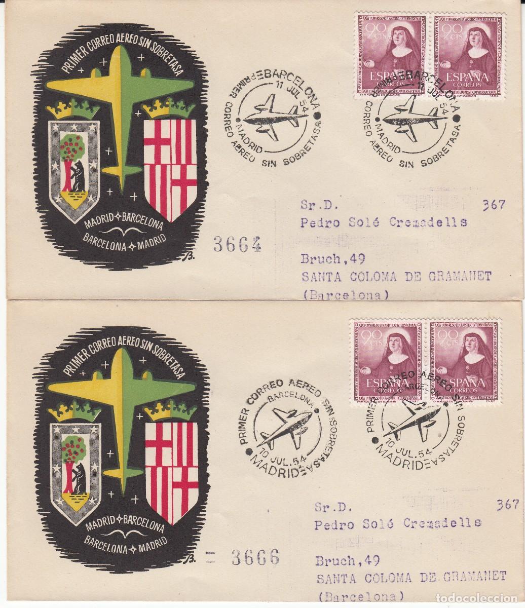 Sellos: MATASELLOS 2 SOBRES PRIMER CORREO A&Eacute;REO MADRID - BARCELONA SIN SOBRETASAS - 1954