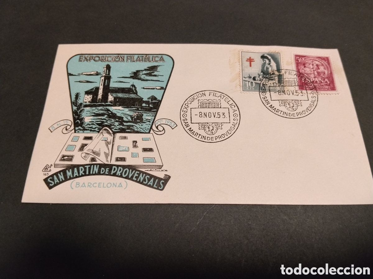 Sellos: Sobre primer d&iacute;a de circulaci&oacute;n exposici&oacute;n filat&eacute;lica San Mart&iacute;n de Provensals 1953