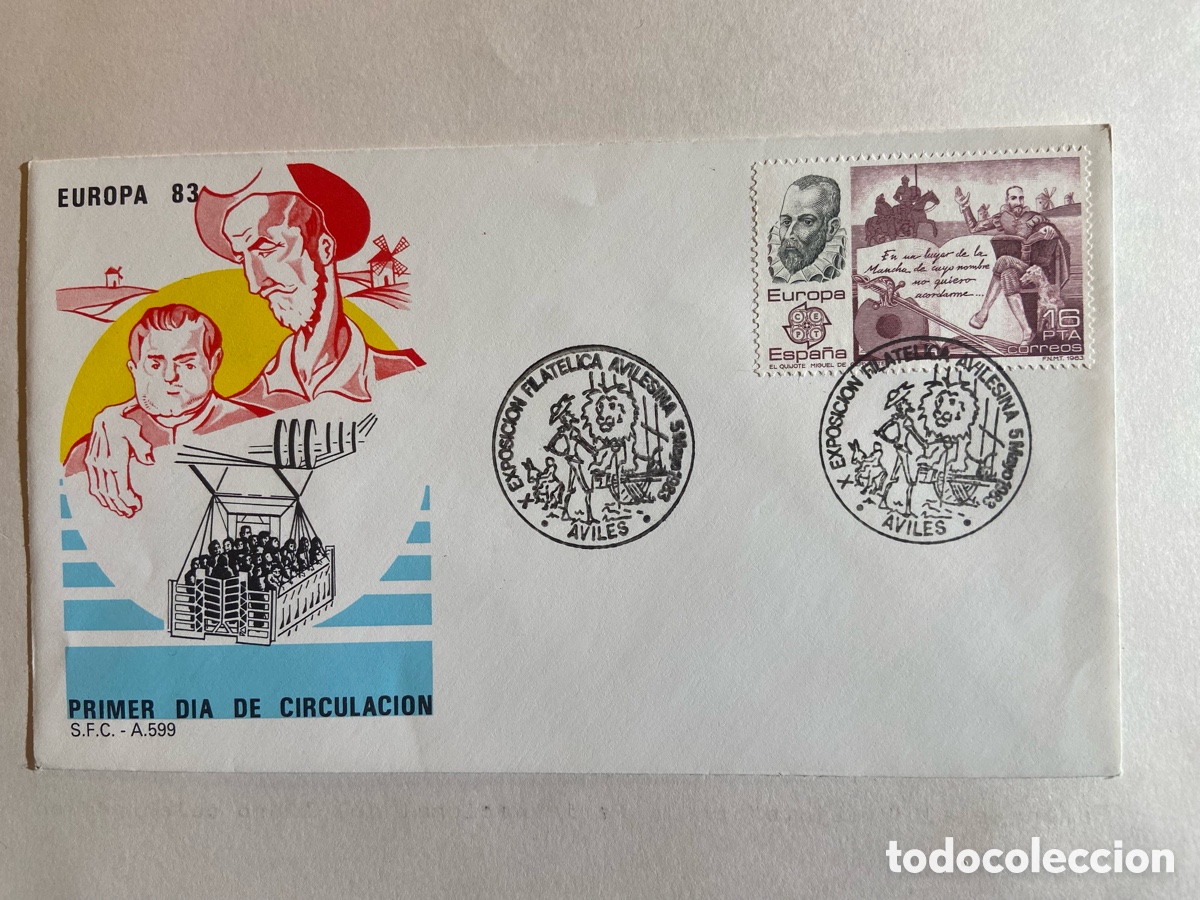 Sellos: MATASELLOS ESPECIAL DE PRIMER DIA EXPOSICION AVILESINA. CERVANTES Y EL QUIJOTE. AVILES 5 MAYO 1983