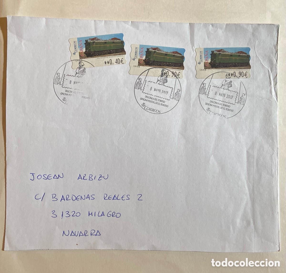 Sellos: CARTA CIRCULADA CON MATASELLO DULCINEA DEL TOBOSO. QUIJOTE OFICINA POSTAL DE EL TOBOSO 8-MAYO-2017