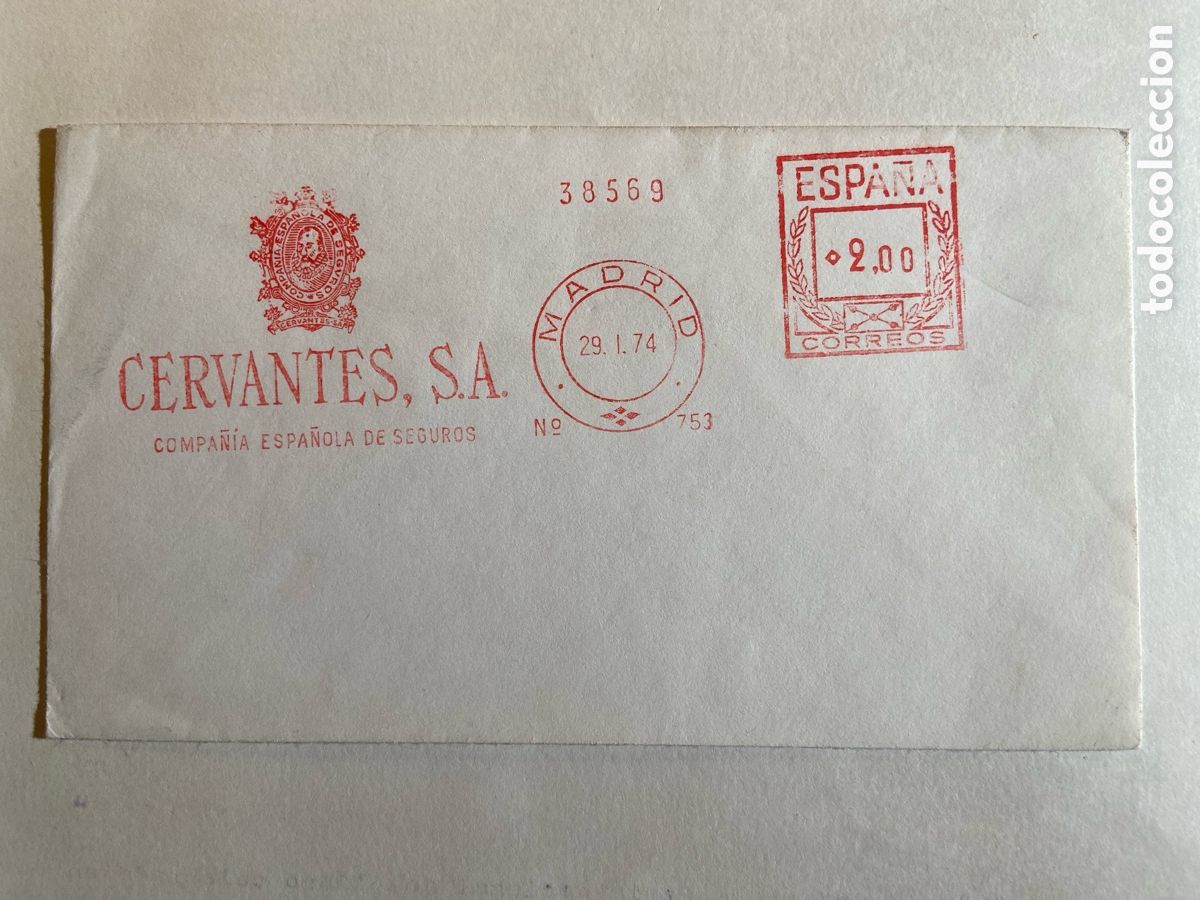 Sellos: FRANQUEO MECANICO CIA ESPA&Ntilde;OLA DE SEGUROS CERVANTES S.A. MADRID 29-ENERO-1974