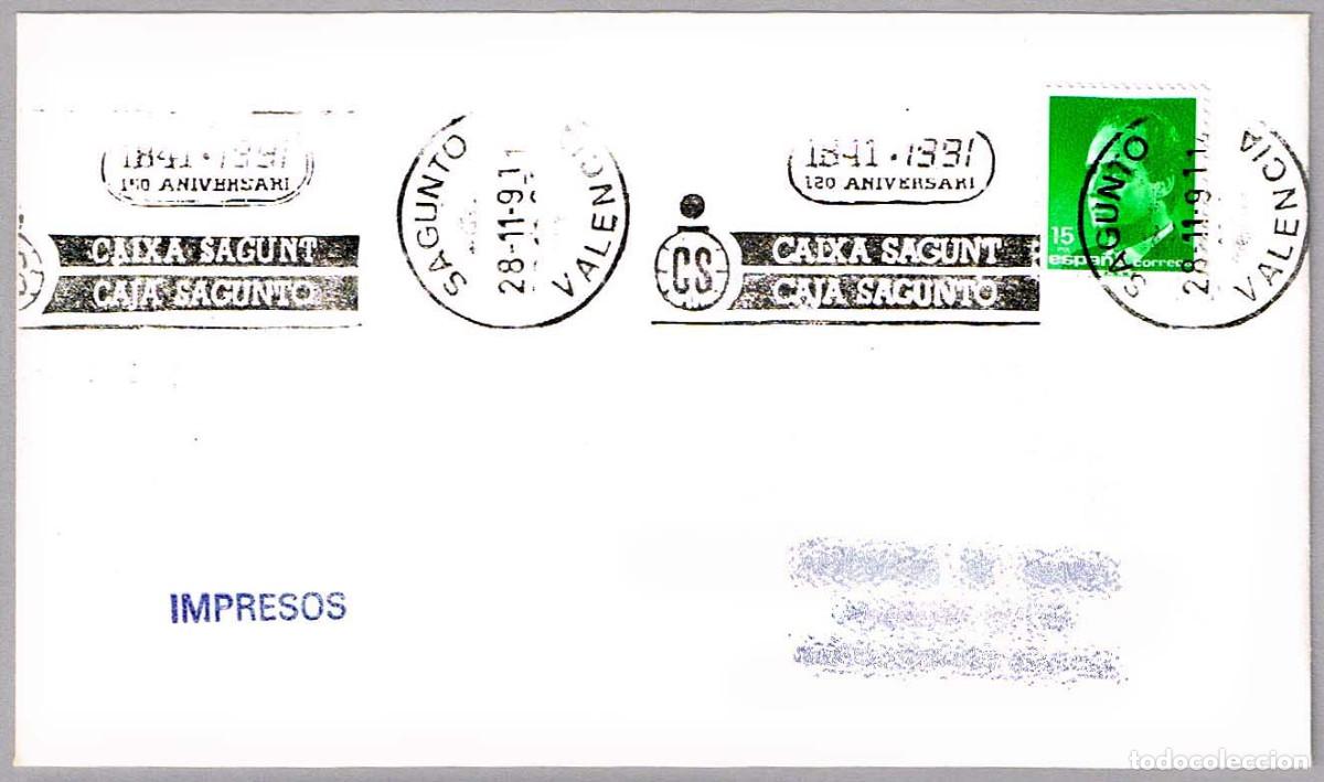 Sellos: Matasellos rodillo 120 ANIV. CAJA SAGUNTO - CAIXA SAGUNT. Sagunto, Valencia, 1991