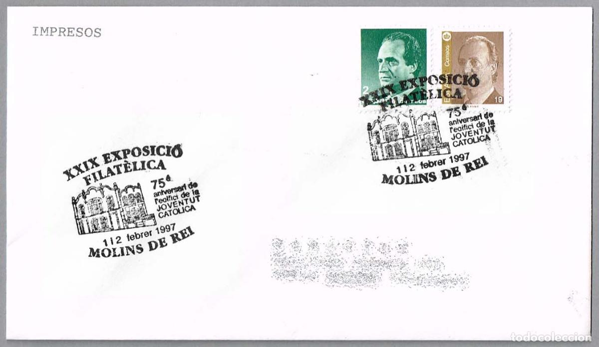 Sellos: Matasellos EXP.FIL. 75 ANIV. EDIFICIO DE LA JUVENTUT CATOLICA. Molins de Rei, Barcelona, 1997
