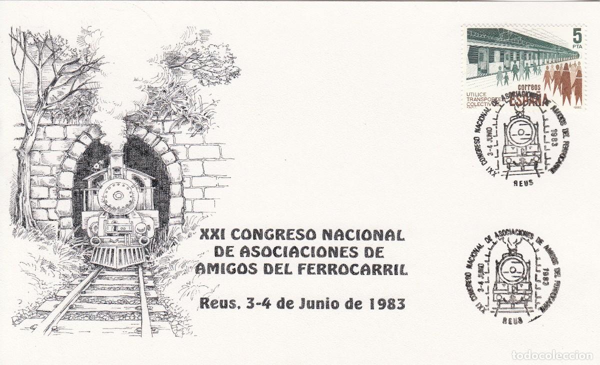Sellos: TEM. TRENES - FERROCARRIL - MATASELLOS CONGRESO DE ASOCIACIONES AMIGOS FERROCARRIL - REUS - 1983