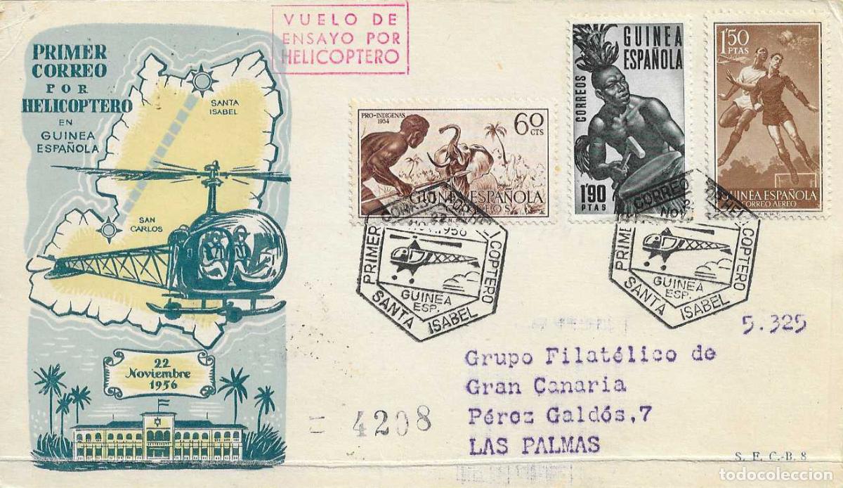 Sellos: GUINEA ESPA&Ntilde;OLA PRIMER CORREO POR HELICOPTERO SANTA ISABEL-SAN CARLOS 1956 TARJETA CIRCULADA DEL SFC