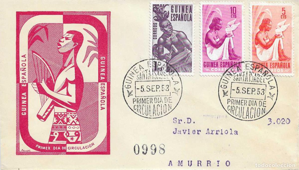 Sellos: INDIGENAS SERIE BASICA 1953 GUINEA ESPA&Ntilde;OLA (EDIFIL 325/26-328) EN SPD CIRCULADO SERVICIO FILATELICO