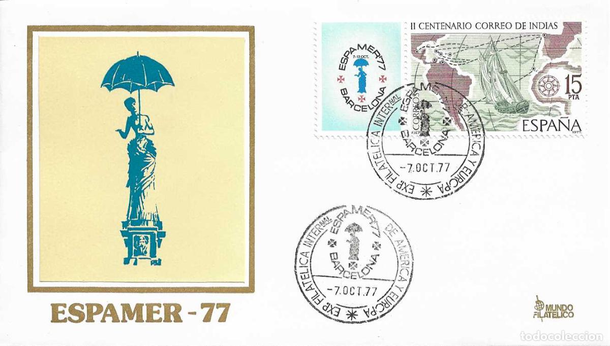 Sellos: BARCOS CORREO DE INDIAS 1977 ESPAMER 77 (EDIFIL 2437) SPD MF MOD 2 MATASELLO CU&Ntilde;O BARCELONA RARO ASI