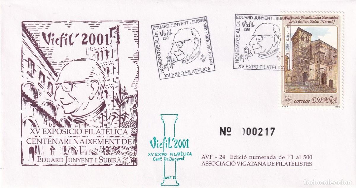 Sellos: Sobre Vic 2001 Vicfil 2001 - XV Exposici&oacute; Filat&egrave;lica centenari naixement de Eduard Junyent i Subir&agrave;