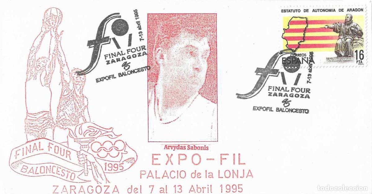 Sellos: RARO ARVYDAS SABONIS DEPORTES BALONCESTO FINAL FOUR EXPOFIL, ZARAGOZA 1995. MATASELLOS EN SOBRE ILUS