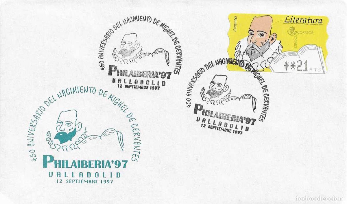 Sellos: DON QUIJOTE CERVANTES 450 ANIVERSARIO PHILAIBERIA, VALLADOLID 1997. MATASELLOS RARO SOBRE Y FRANQUEO