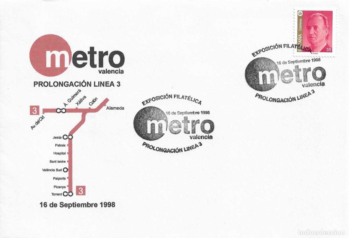 Sellos: TRENES FERROCARRIL METRO PROLONGACION LINEA 3, VALENCIA 1998. MATASELLOS EN RARO SOBRE ILUSTRADO