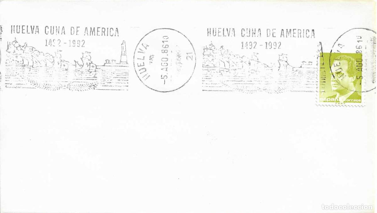 Sellos: BARCOS CARABELAS CRISTOBAL COLON HUELVA CUNA DE AMERICA HUELVA 1986 RARO MATASELLOS RODILLO EN SOBRE