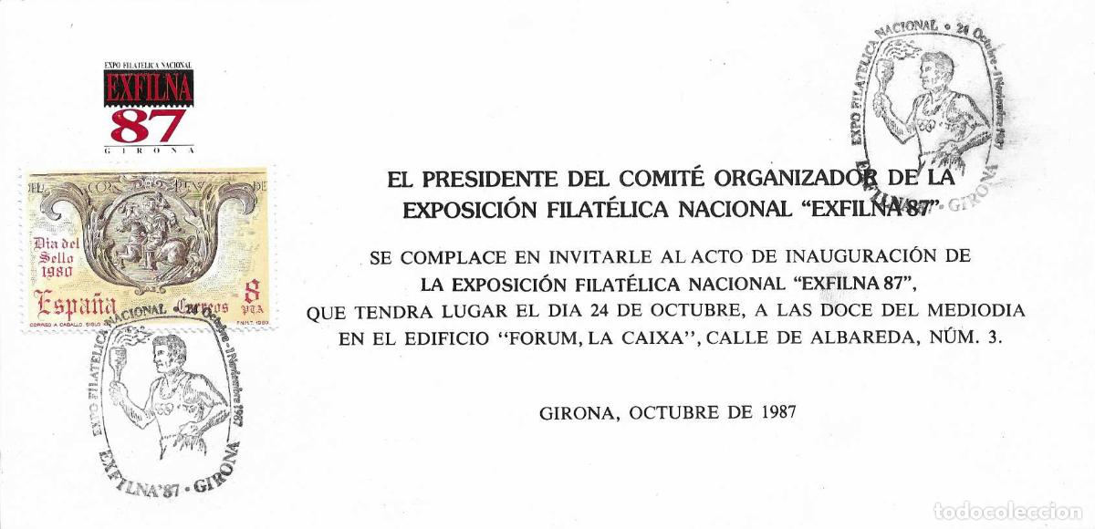 Sellos: EXFILNA 87 EXPOSICION FILATELICA NACIONAL GIRONA GERONA 1987. MATASELLOS TARJETA INVITACION RARO VER
