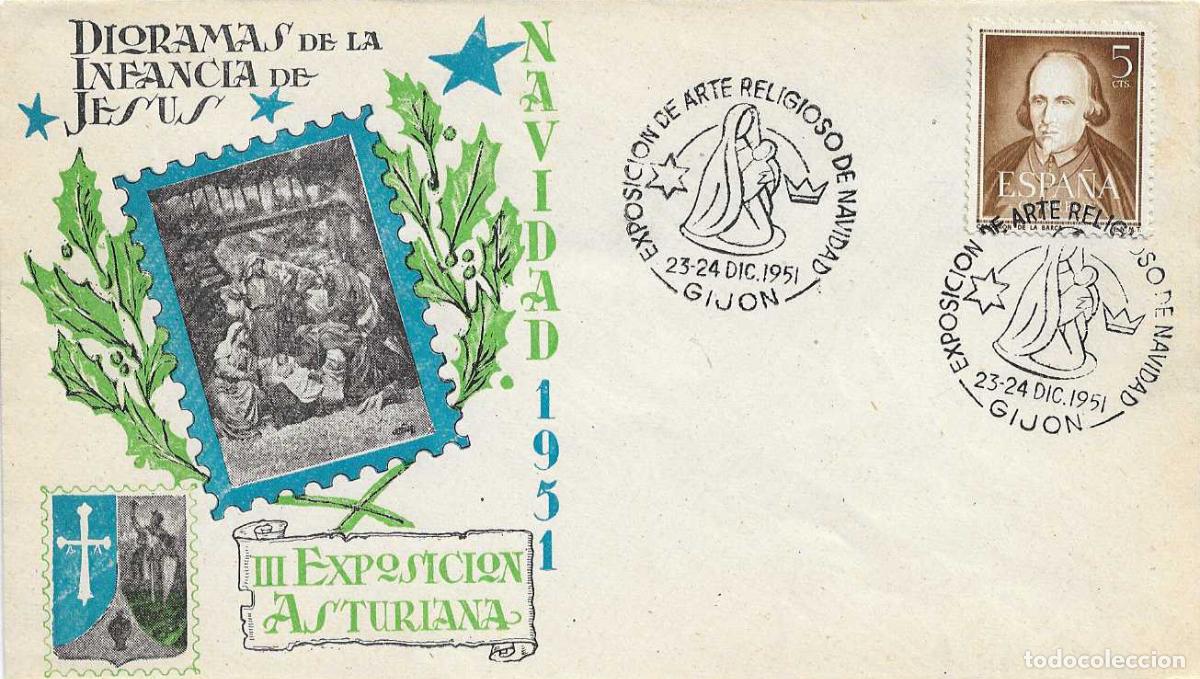 Sellos: NAVIDAD ARTE RELIGIOSO EXPOSICION GIJON (ASTURIAS) 1951 MATASELLOS SOBRE ILUSTRADO SIN CIRCULAR RARO