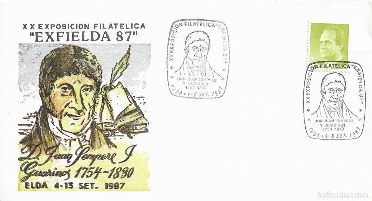 Sellos: JUAN SEMPERE Y GUARINOS XX EXPOSICION, ELDA (ALICANTE) 1987. MATASELLOS EN RARO SOBRE ILUSTRADO