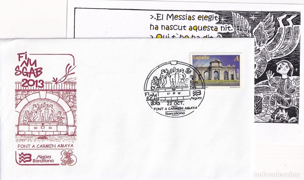 Sellos: Sobre + Felicitaci&oacute;n navide&ntilde;a Barcelona Finusgab 2013 - Font a Carmen Amaya - Aig&uuml;es Barcelona