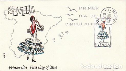 Sellos: EDIFIL 1956, TRAJE REGIONAL DE SEVILLA, PRIMER DIA DEL A&Ntilde;O 1970, SOBRE DE ALFIL