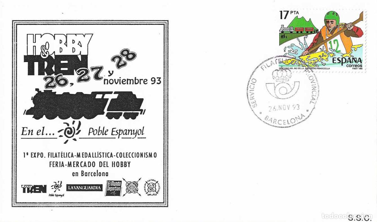 Sellos: HOBBY TREN 1&ordf; FERIA MERCADO FERROCARRIL, BARCELONA 1993. RARO SOBRE MATASELLOS SERVICIO FILATELICO P