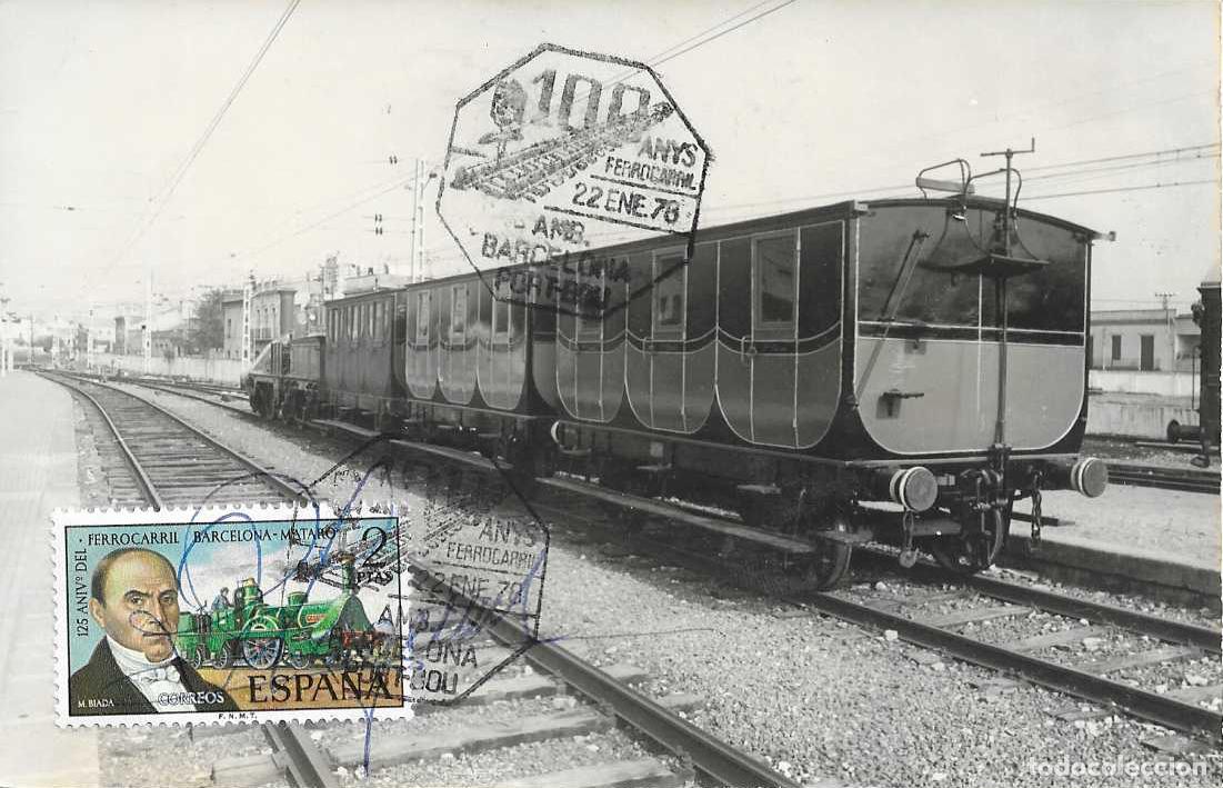 Sellos: TRENES AMBULANTE 100 ANYS FERROCARRIL BARCELONA-PORT BOU 1978 MATASELLOS TARJETA FIRMA JEFE TREN VER