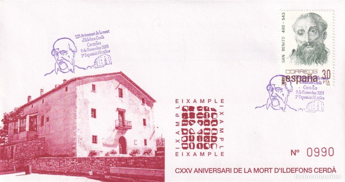 Sellos: Sobre Centelles 2001 Capic&uacute;a - 125 Aniversari mort Ildefons Cerd&agrave; 1&ordf; Exposici&oacute; filat&egrave;lica - Eixample