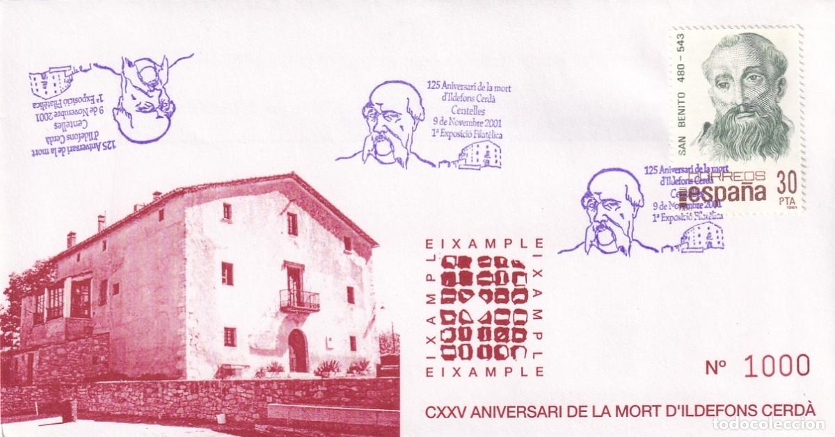 Sellos: Sobre Centelles 2001 - 125 Aniversari mort Ildefons Cerd&agrave; 1&ordf; Exp. filat&egrave;lica - Eixample / Variedad