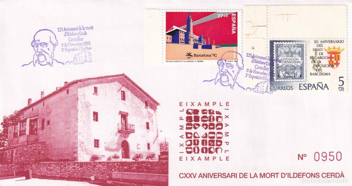 Sellos: Sobre Centelles 2001 - 125 Aniversari mort Ildefons Cerd&agrave; - 1&ordf; Exposici&oacute; filat&egrave;lica - Eixample