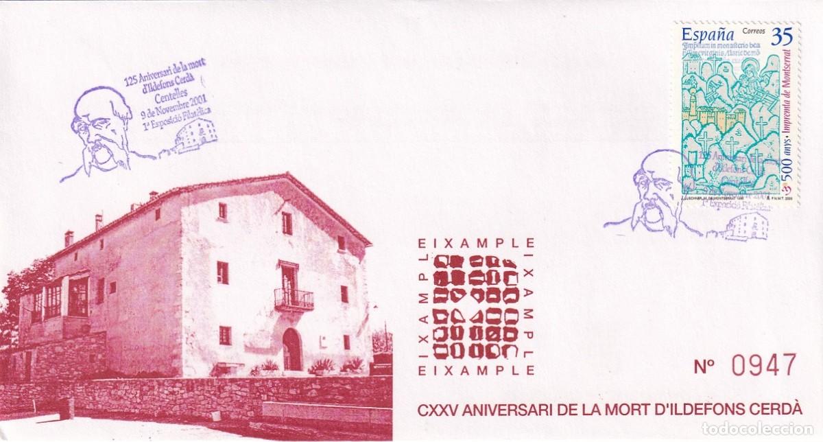 Sellos: Sobre Centelles 2001 - 125 Aniversari mort Ildefons Cerd&agrave; - 1&ordf; Exposici&oacute; filat&egrave;lica - Eixample
