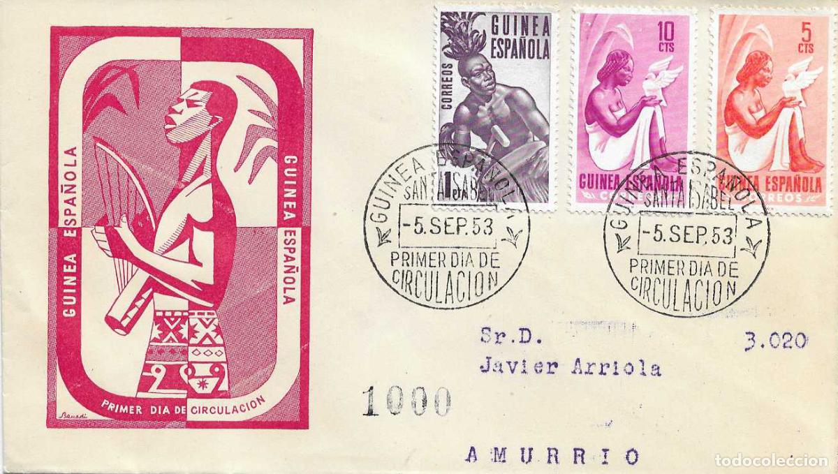 Sellos: INDIGENAS SERIE BASICA 1953 GUINEA ESPA&Ntilde;OLA (EDIFIL 325/26-328) EN SPD CIRCULADO SERVICIO FILATELICO