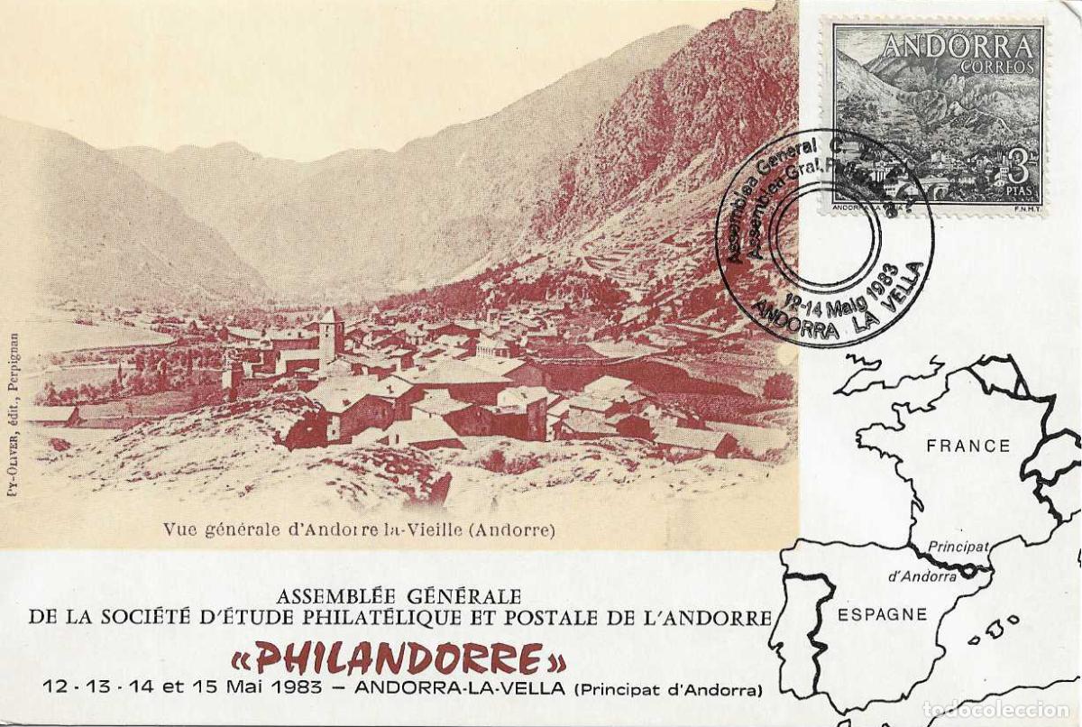 Sellos: PHILANDORRE ASAMBLEA GENERAL CIFA ANDORRA ESPA&Ntilde;OLA 1983. MATASELLOS EN TARJETA BONITO Y RARO ASI
