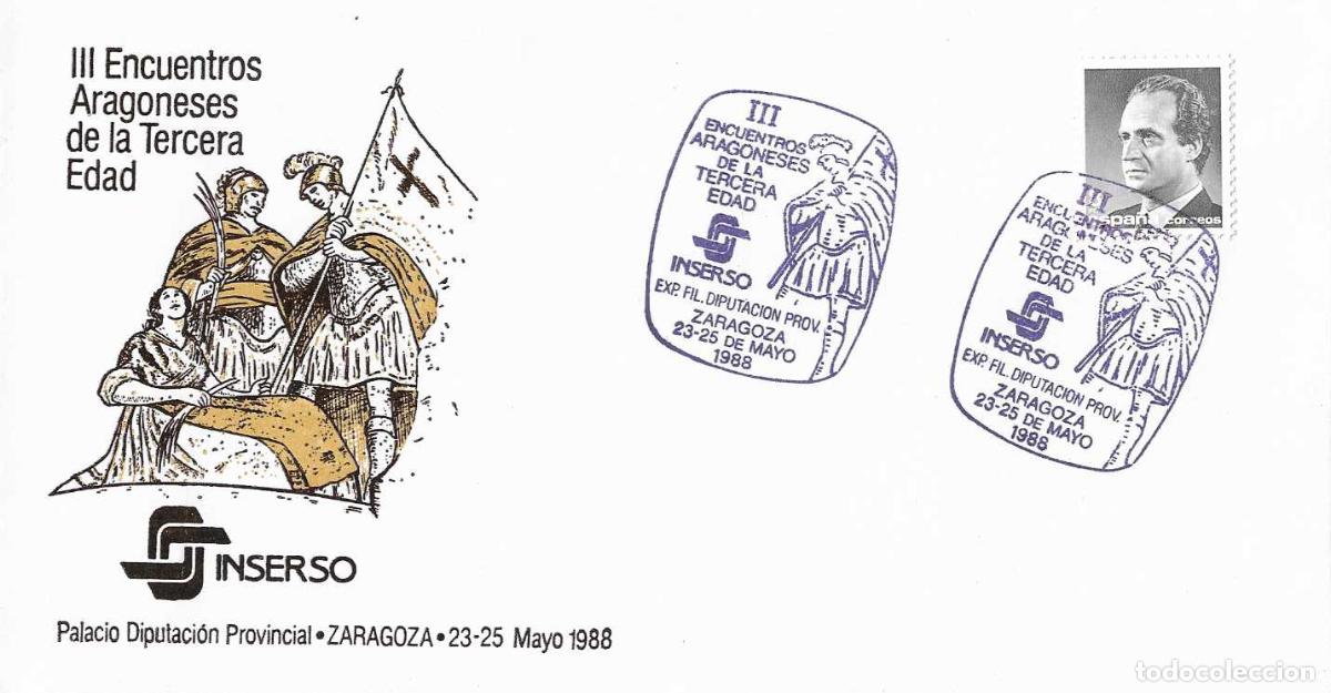 Sellos: SAN JORGE EXPOSICION ENCUENTRO TERCERA EDAD INSERSO ZARAGOZA 1988 MATASELLOS EN RARO SOBRE ILUSTRADO