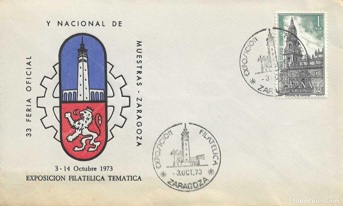 Sellos: EXPOSICION FILATEL TEMATICA, ZARAGOZA 3 OCTUBRE 1973. MATASELLOS FERIA MUESTRAS RARO SOBRE ILUSTRADO