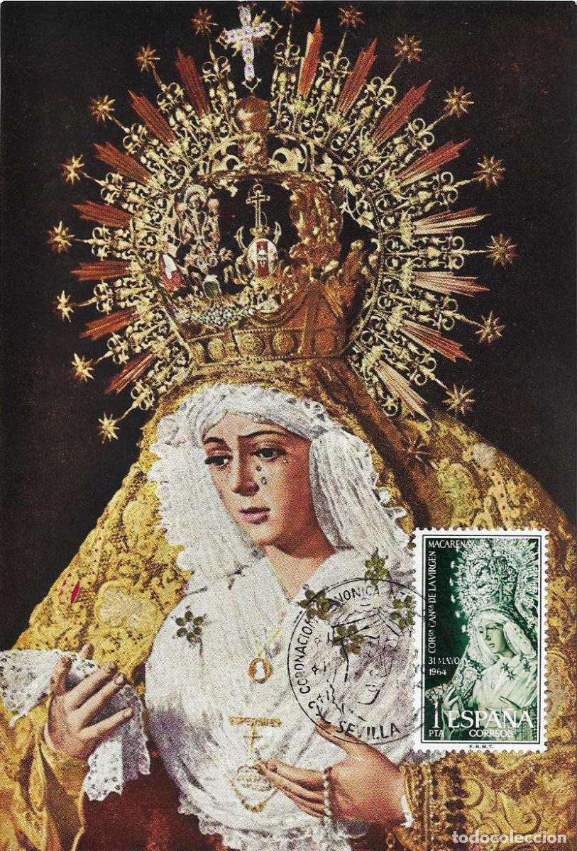 Sellos: CORONACION CANONICA NTRA SRA ESPERANZA MACARENA, SEVILLA 1964. MATASELLOS EN BONITA TARJETA RWR