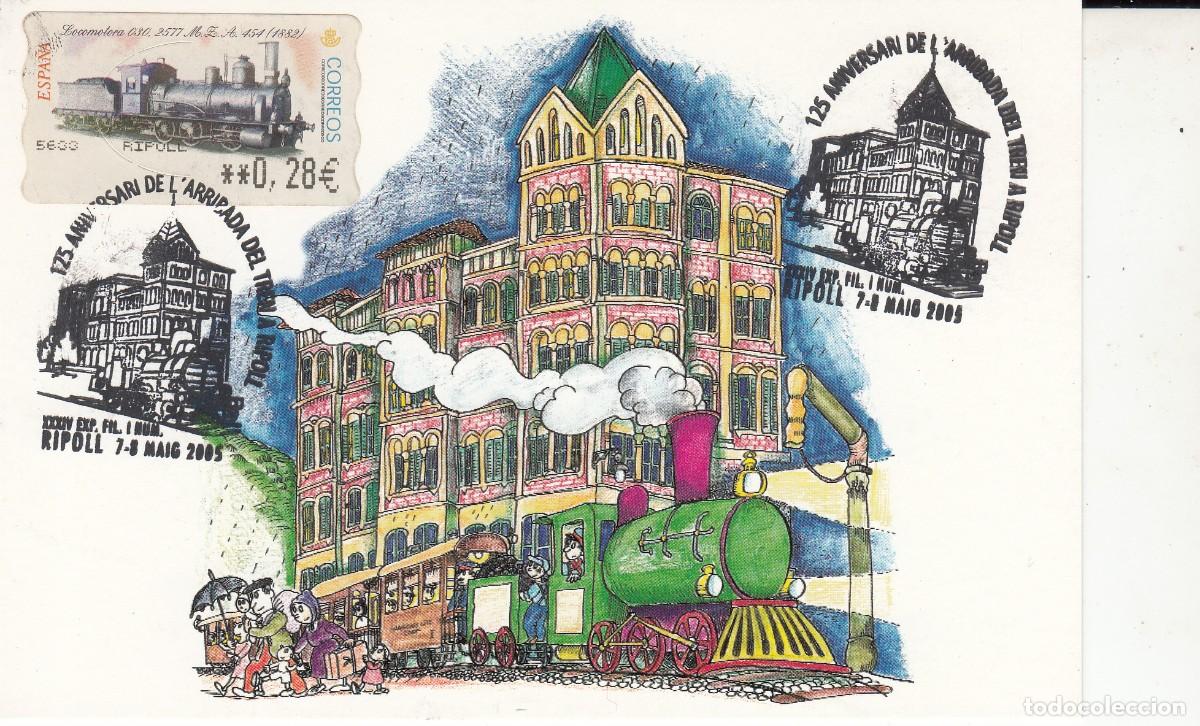 Sellos: TEM. TRENES - FERROCARRIL - MATASELLOS 125 ANIVERSARI ARRIBADA DEL TREN A RIPOLL - 2005 - EN M&Aacute;XIMA