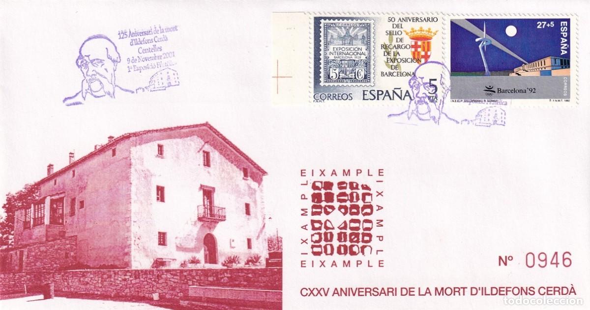 Sellos: Sobre Centelles 2001 - 125 Aniversari mort Ildefons Cerd&agrave; - 1&ordf; Exposici&oacute; filat&egrave;lica - Eixample