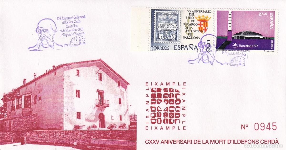 Sellos: Sobre Centelles 2001 - 125 Aniversari mort Ildefons Cerd&agrave; - 1&ordf; Exposici&oacute; filat&egrave;lica - Eixample
